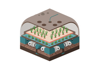 Illustrative diagram showcases layered hydroponic farm system  Clear modern design highlights the water circulation and plant growth within a controlled environment  
