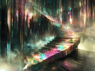 Colorful crystal staircase in room with blue and purple hues