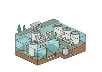 Isometric tank process illustration clear modern diagram showcases a wastewater treatment system with multiple tanks and pipes Clean lines and a muted color palette c