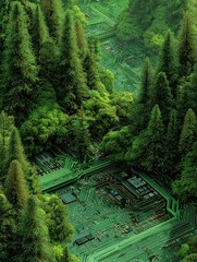 A vibrant green forest blends with technological circuitry, symbolizing the fusion of nature and technology.