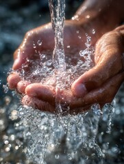 Fototapeta premium Two hands are being rinsed under a stream of clear water, highlighting the importance of hygiene and fresh sensations. Generative AI