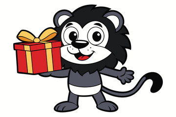 Joyful lion presents a brightly wrapped birthday gift with a beautiful gold ribbon