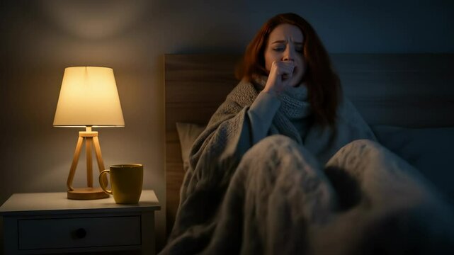  Sick Woman Coughing in Bed: Cold, Flu, Illness, Redhead, Night, Bedroom, Blanket, Fever, Symptoms, Healthcare, Wellness (150 characters)
