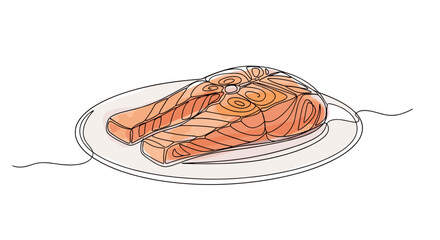 Salmon fillet on plate – gourmet food in continuous line art – modern one-line doodle vector illustration for seafood and culinary designs

