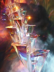 Colorful crystal tower against vibrant, abstract background