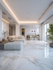 Fototapeta premium Minimalist interior design for a living room, marble flooring with a white false ceiling, indirect light and spot lights, modern furniture, open space living area with a dining table in the back.
