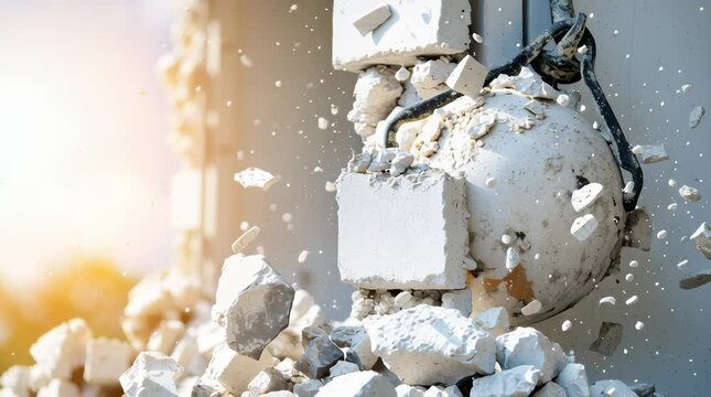 A wrecking ball smashes through a concrete wall, sending debris flying in all directions. Construction, demolition, impact, force, destruction