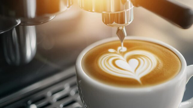 A cup of coffee with heart-shaped latte art sits beneath an espresso machine. Coffee making, latte art, beverage