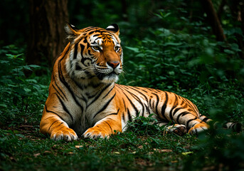 Fototapeta premium Bengal Tiger Resting in Lush Green Forest Undergrowth