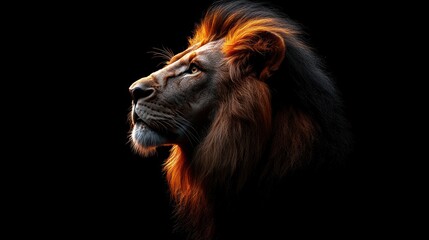 Fototapeta premium Lion profile, head and mane illuminated