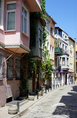 Fototapeta premium Colorful Balat houses brighten Istanbul’s historic neighborhood