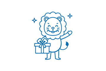 Happy cartoon lion holding gift waves cheerfully with two shining stars around him