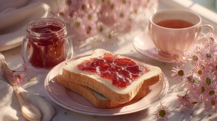 Strawberry jam sandwich and tea breakfast