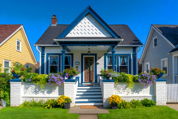 A sunny day in a cozy blue house with landscaping.