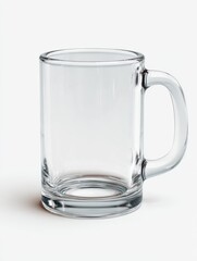 A crystal-clear glass mug, with its smooth handle, rests against a pristine white background, highlighting its transparency and minimalist design, ready to hold a refreshing beverage.