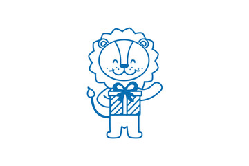 Cheerful line art lion character holds a beautifully wrapped gift and waves hello
