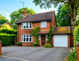 Traditional brick house with a beautiful lawn in England.