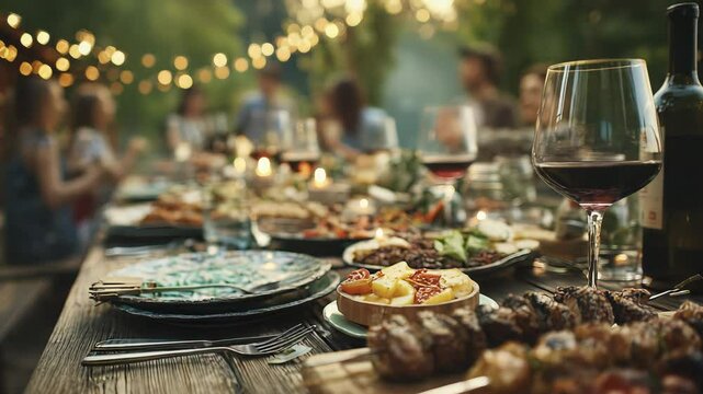 Outdoor dinner party table setup with grilled skewers and wine glasses
