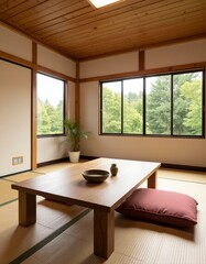 Fototapeta premium Traditional Japanese minimalist dining room with low wooden table, tatami flooring, floor cushion, large windows and soft natural light, perfect for zen interior design and peaceful home settings