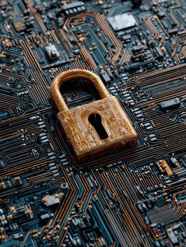 cyber security, abstract computer chip, technology background with a padlock, internet security and data protection