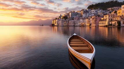 A serene sunset over calm waters highlights a boat floating peacefully in front of charming lakeside buildings, This idyllic scene is perfect for travel, relaxation, or nature-themed projects,