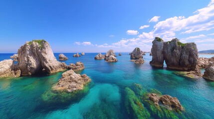 Fototapeta premium A breathtaking coastal scene featuring unique rock formations surrounded by clear turquoise waters and a vibrant blue sky, ideal for travel blogs, brochures, or nature-focused content,