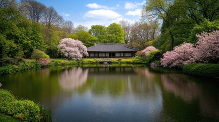 Obraz premium A serene garden scene featuring a traditional building surrounded by vibrant cherry blossom trees reflecting on a calm pond, Ideal for nature, tranquility, or cultural themes in marketing or design,