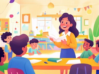 A joyful classroom scene featuring a teacher interacting with students