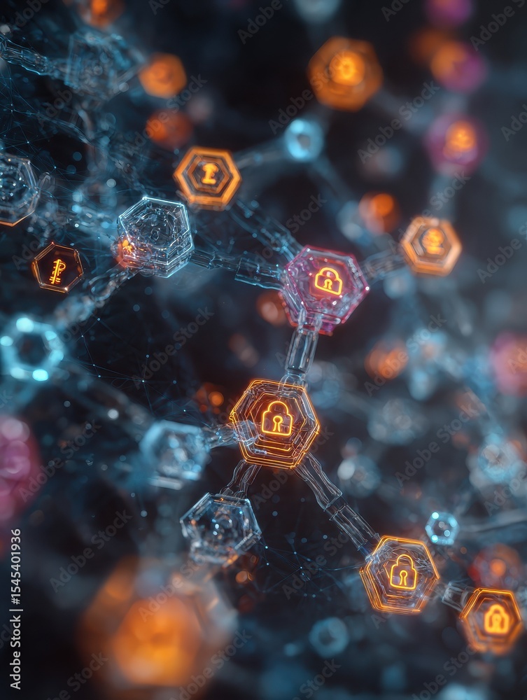 Poster vibrant abstract quantum network with digital keys and lock icons showcasing the cutting edge applic