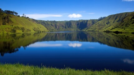Fototapeta premium A serene lake surrounded by lush green hills under a clear blue sky, reflecting picturesque clouds and scenery, Ideal for nature and travel-related projects, relaxation themes, and outdoor promotions