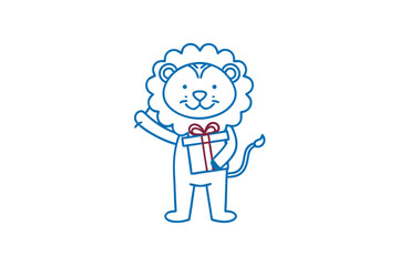 Cute cartoon lion outline cheerfully holds a wrapped present in its paws while standing