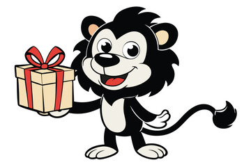 Smiling cartoon lion joyfully presents a gift box with red ribbon and bow