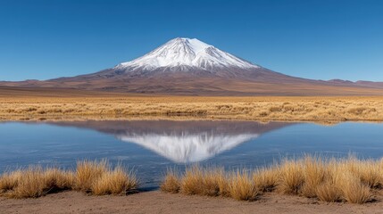 Fototapeta premium A breathtaking view features a snow-capped mountain reflected in a tranquil pond, surrounded by golden grasslands under a clear blue sky, ideal for travel, nature, and landscape projects,