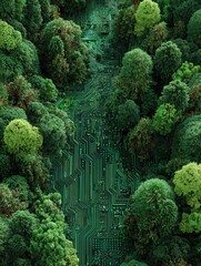 A vibrant green forest blends with technological circuitry, symbolizing the fusion of nature and technology.