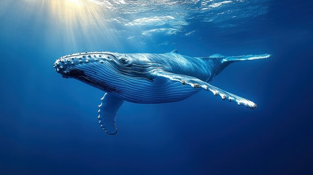 Majestic whale swims deep blue ocean