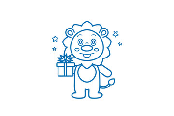 Cute lion outline holds gift box under shining stars is drawn simply