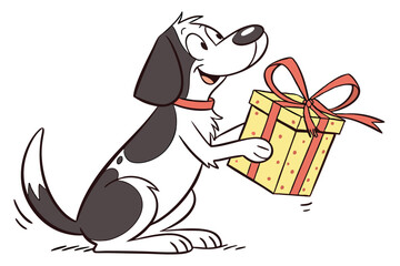 Cheerful cartoon beagle holds a yellow gift box tied with a red bow happily