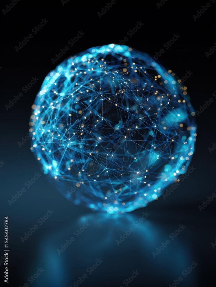 Poster abstract blue glowing globe with lines and dots representing the network and connection on a dark ba