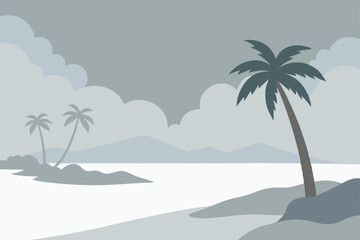 Fototapeta premium Serene Coastal Escape Misty Beach with Palm Trees and Calm Ocean