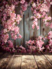 Fototapeta premium A vibrant cherry blossom or blossoming garden bathed in sunlight against a rustic wooden backdrop offering ample space for text Perfect for celebrating Passover Easter Women s Day Mother s.