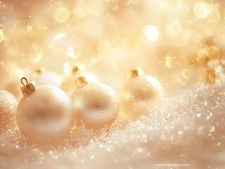 Photo of soft golden glow and white Christmas baubles, sparkling snowflakes creating a festive atmosphere