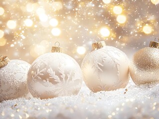 Photo of soft golden glow and white Christmas baubles, sparkling snowflakes creating a festive atmosphere