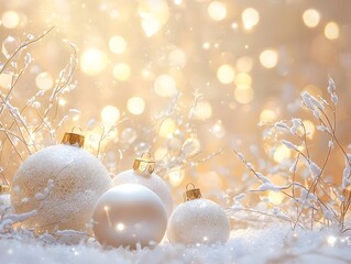 Photo of soft golden glow and white Christmas baubles, sparkling snowflakes creating a festive atmosphere