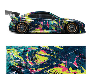 Stylized Dachshund Dog Illustration in Black Pink and Blue on White Background