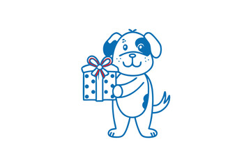 Smiling dog illustration carries a polka dotted gift box with a ribbon bow