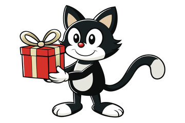 Smiling cartoon black cat presents a delightful red gift box with bow