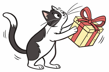 Happy black and white cat carries a yellow birthday present with a red bow