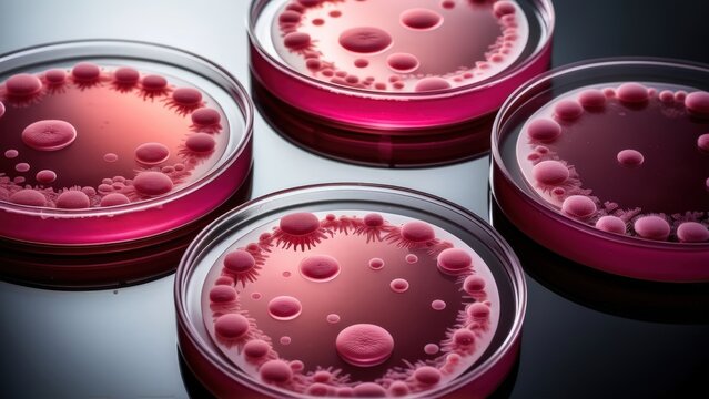 E. coli colonies on MacConkey agar, metallic pink bacterial growth stands out on a glossy agar surface, with lab equipment reflections adding a scientific atmosphere.