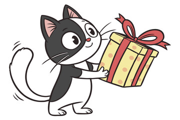 Cheerful cartoon cat happily carries a spotted yellow gift box tied with a ribbon bow