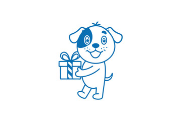 Cute cartoon dog character is walking and carrying a gift with a bow